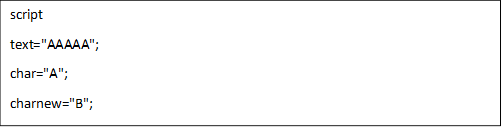 script
text="AAAAA";
char="A";
charnew="B";
newtext=replace(char\charnew\text\0);
print("%s",newtext);
